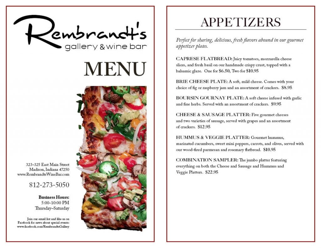 Rembrandt's Gallery and Wine Bar food menu, page 1 by Jennifer Loechler