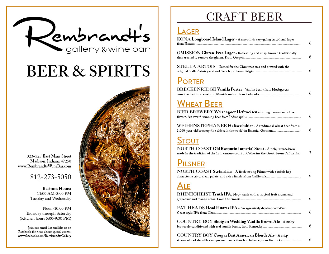 Rembrandt's Gallery and Wine Bar Beer and Spirits menu