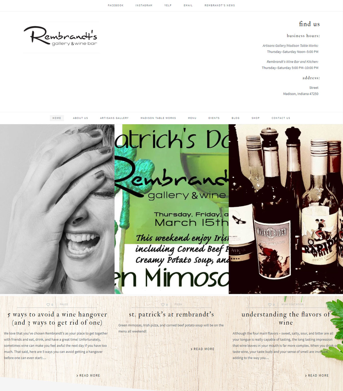 Rembrandt's Gallery and Wine Bar website close-up