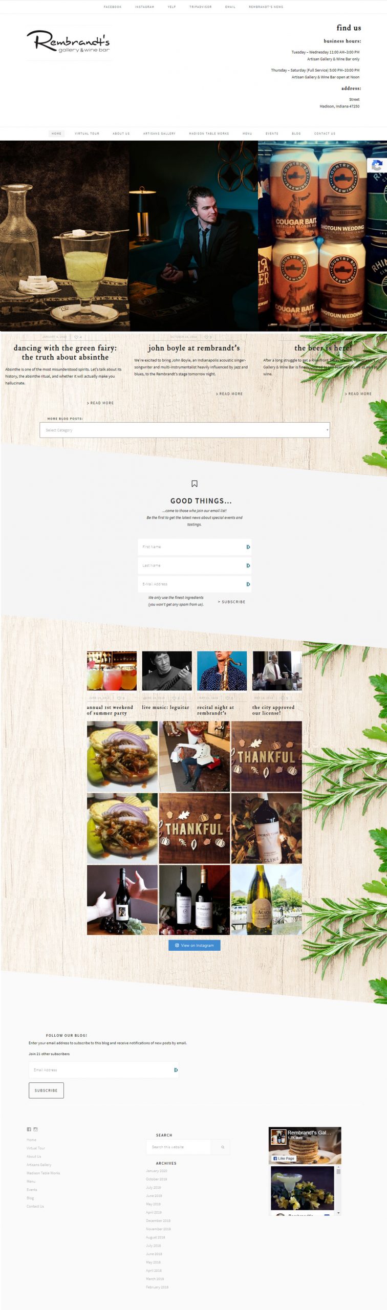 Rembrandt's Gallery and Wine Bar Website homepage