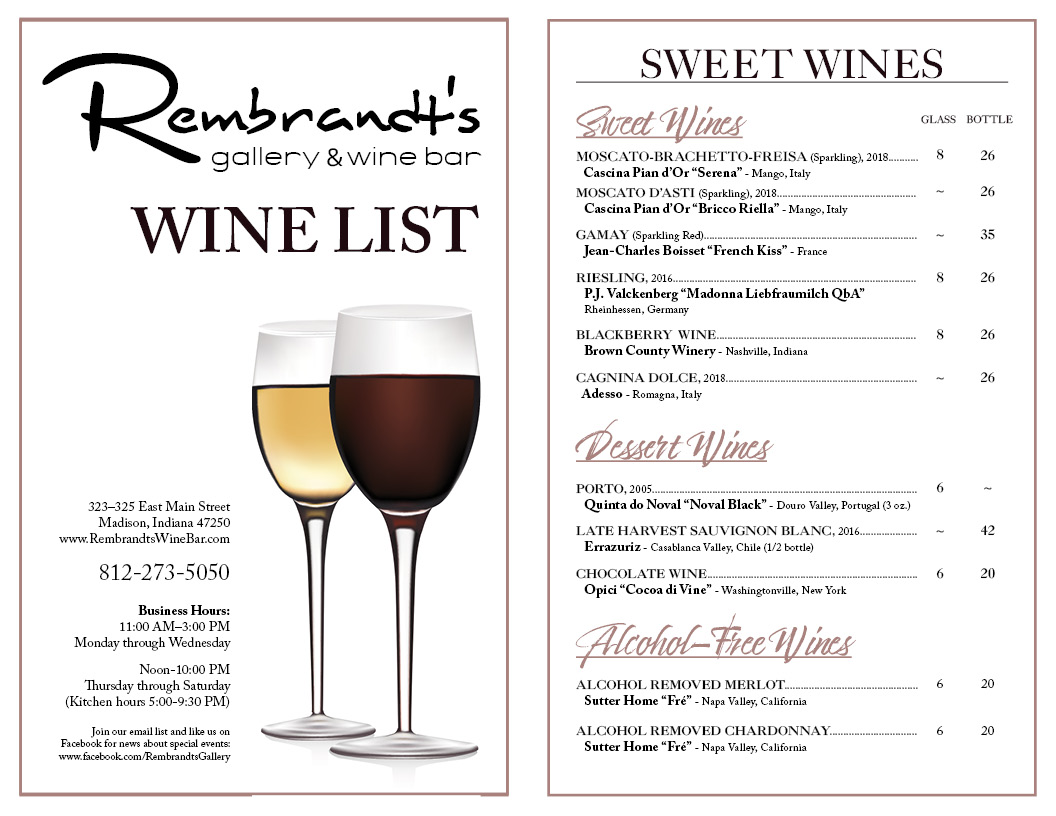 Rembrandt's Gallery and Wine Bar Wine List
