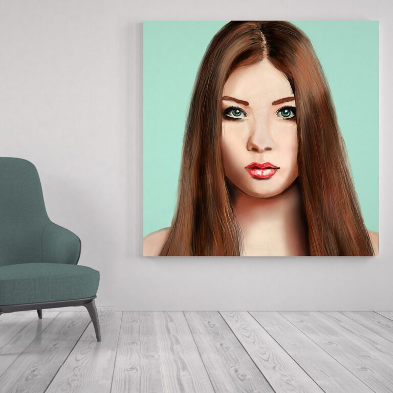 Mockup of a digital painting of a brunette girl on a blue-green background