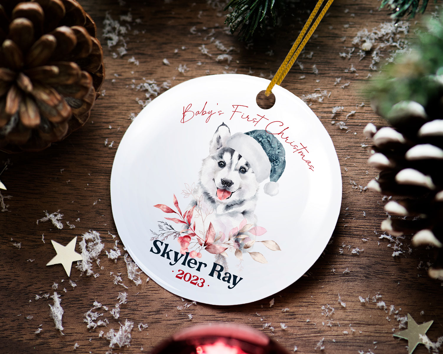 baby's first Christmas ornament with a husky puppy